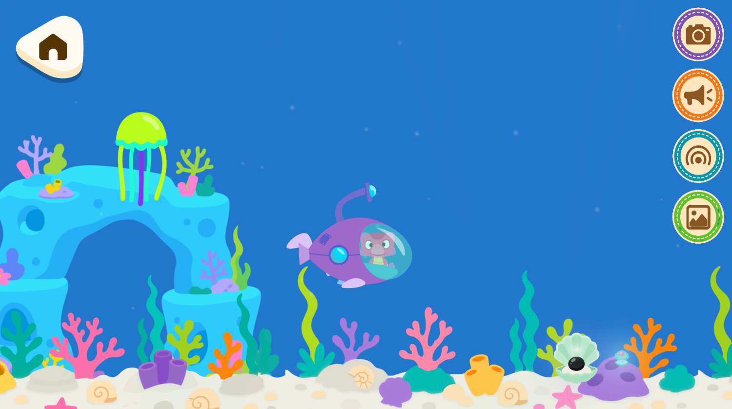 A submarine drifting past a jellyfish and a coral reef in bright blue water