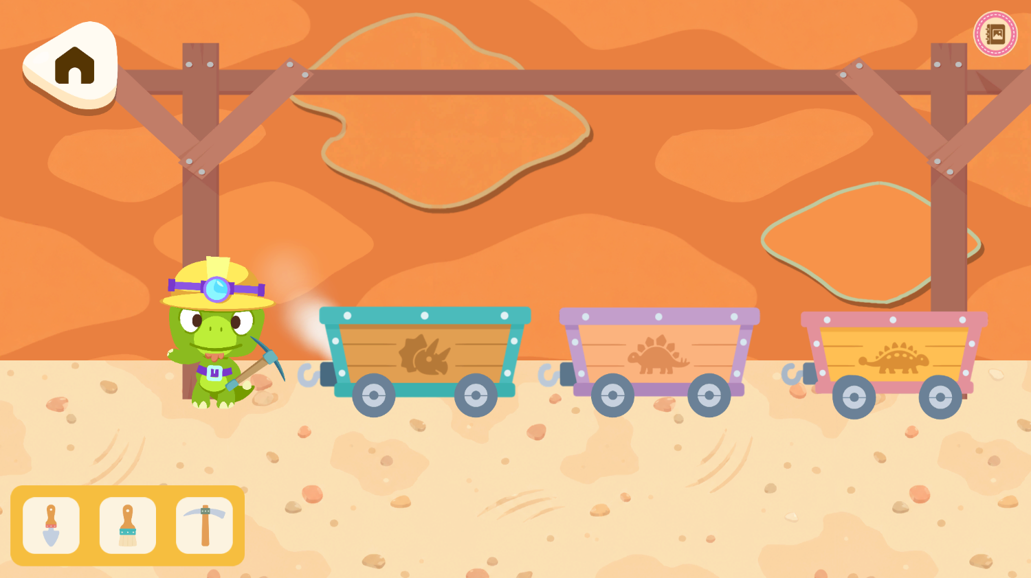 Dig's mine, with a dinosaur in a miner's helmet and three minecarts marked with fossil symbols