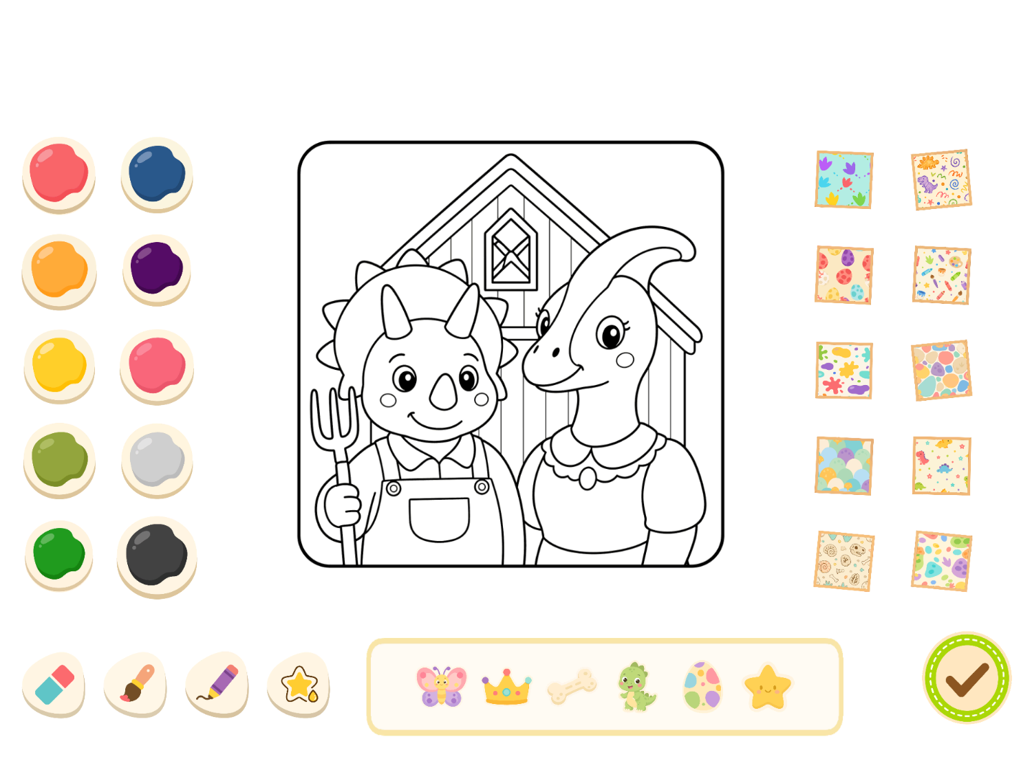 A colouring page of two dinosaurs in the style of American Gothic, with paints, patterns and stickers around it
