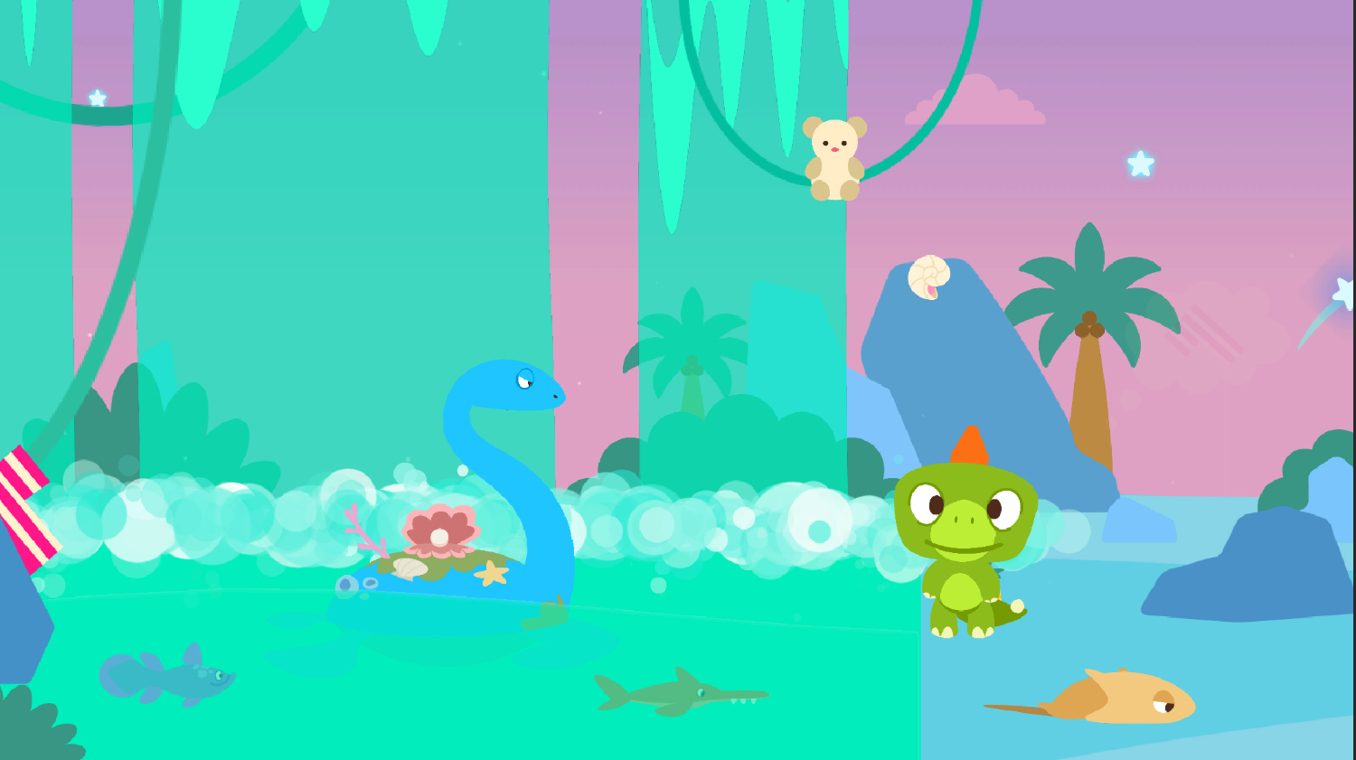 A lagoon in a prehistoric jungle, with a plesiosaur in the water and a small green dinosaur on the rocks